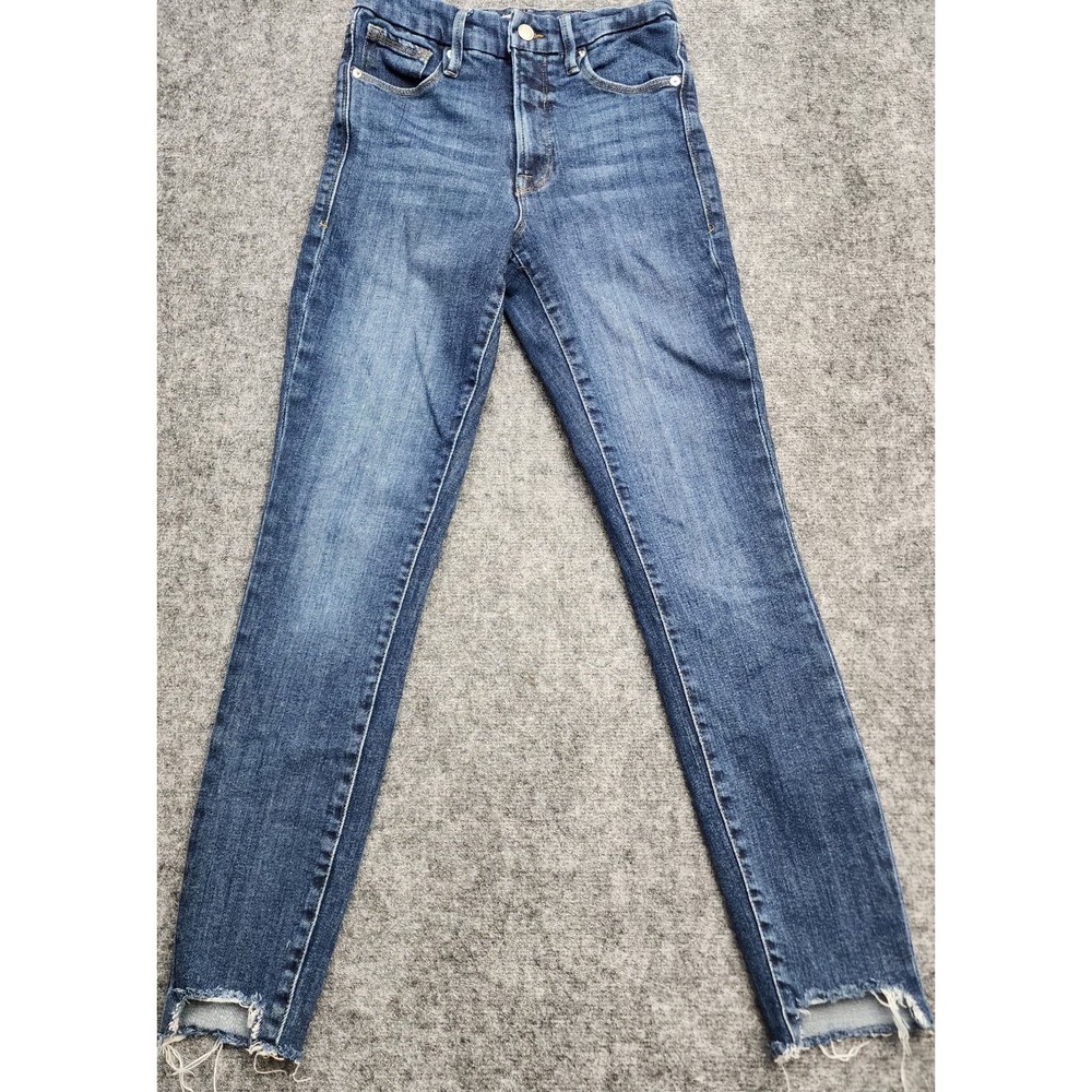 Good American Womens Blue Denim High Rise Skinny Jeans, Distressed, Stretch,